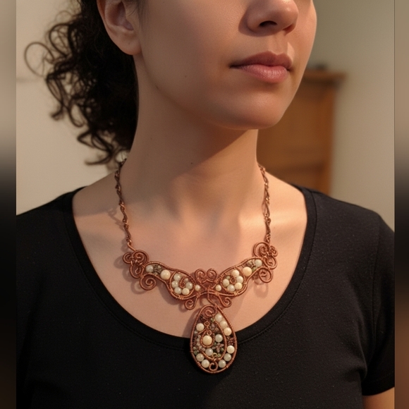 Alabaster Stone Copper Necklace With Real Pearls And Beaded  Butterflies - Picture 1 of 10